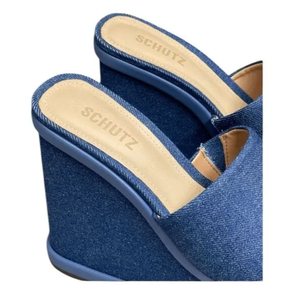 Schutz Dalle Denim Wedge Sandal Blue Platform Shoe Chunky Mule 10.5