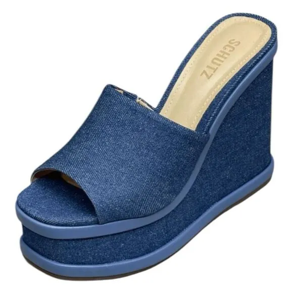 Schutz Dalle Denim Wedge Sandal Blue Platform Shoe Chunky Mule 10.5
