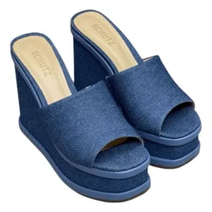 Schutz Dalle Denim Wedge Sandal Blue Platform Shoe Chunky Mule 10.5