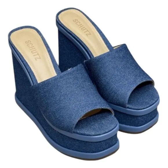 Schutz Dalle Denim Wedge Sandal Blue Platform Shoe Chunky Mule 10.5
