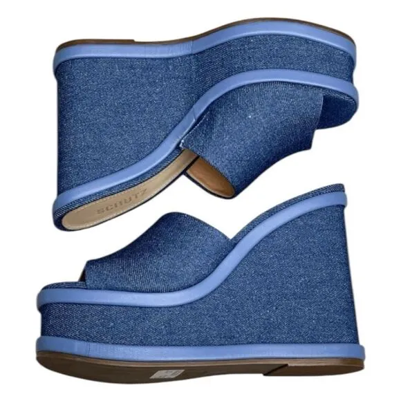 Schutz Dalle Denim Wedge Sandal Blue Platform Shoe Chunky Mule 10.5