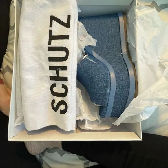 Schutz Dalle Denim Wedge Sandal Blue Platform Shoe Chunky Mule 10.5