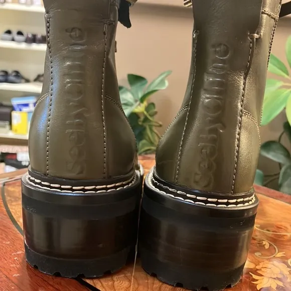 SeeByChloe Boots- Khaki greenish color- lace up, buckle and side zip- NWT