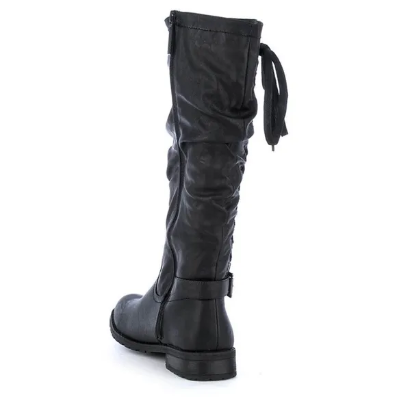 SHIEKH • Tina Black Knee-High Lace-Up Riding Side Zip Buckle Boots