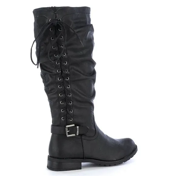 SHIEKH • Tina Black Knee-High Lace-Up Riding Side Zip Buckle Boots