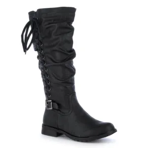 SHIEKH • Tina Black Knee-High Lace-Up Riding Side Zip Buckle Boots