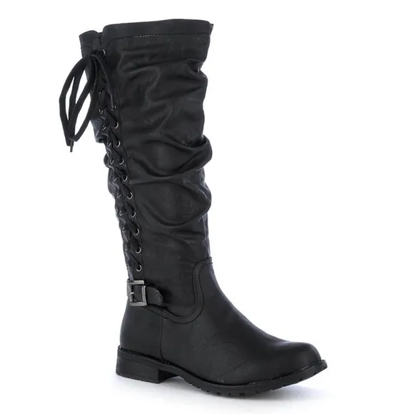 SHIEKH • Tina Black Knee-High Lace-Up Riding Side Zip Buckle Boots