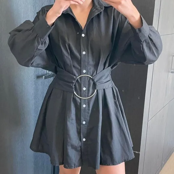 Shop Akira - black mini dress with o ring belted detail