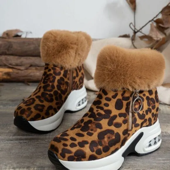 Side Zipper Leopard Platform Boots
