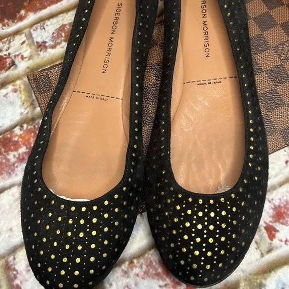 Sigerson Morrison black, and gold suede flats made in Italy