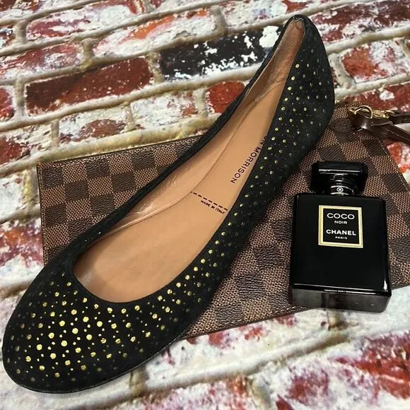 Sigerson Morrison black, and gold suede flats made in Italy
