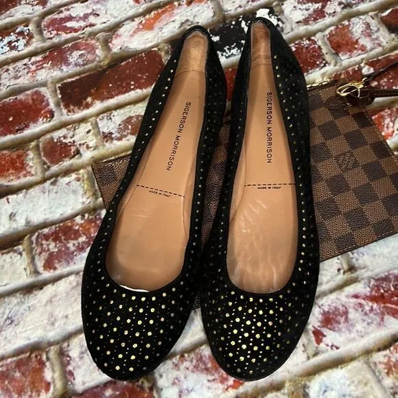 Sigerson Morrison black, and gold suede flats made in Italy