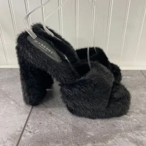 SIMMI Womens 7 London Black Faux‎ Fur Platform Heeled Sandals Fuzzy Chunky Party