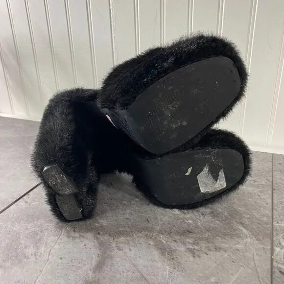 SIMMI Womens 7 London Black Faux‎ Fur Platform Heeled Sandals Fuzzy Chunky Party