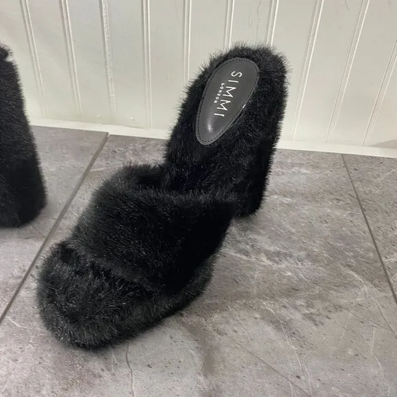 SIMMI Womens 7 London Black Faux‎ Fur Platform Heeled Sandals Fuzzy Chunky Party