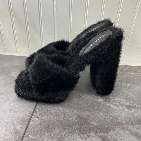 SIMMI Womens 7 London Black Faux‎ Fur Platform Heeled Sandals Fuzzy Chunky Party