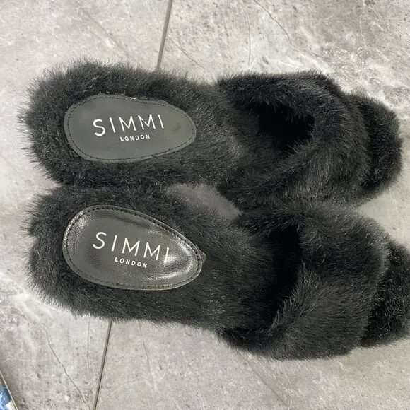 SIMMI Womens 7 London Black Faux‎ Fur Platform Heeled Sandals Fuzzy Chunky Party