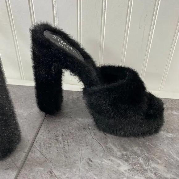 SIMMI Womens 7 London Black Faux‎ Fur Platform Heeled Sandals Fuzzy Chunky Party