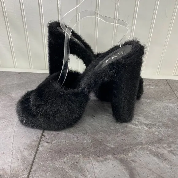 SIMMI Womens 7 London Black Faux‎ Fur Platform Heeled Sandals Fuzzy Chunky Party