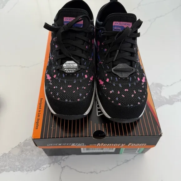 Skechers Bulkin Renneta Comp Toe Black Sneakers Pink/Blue Accent Women’s 9.5 NEW