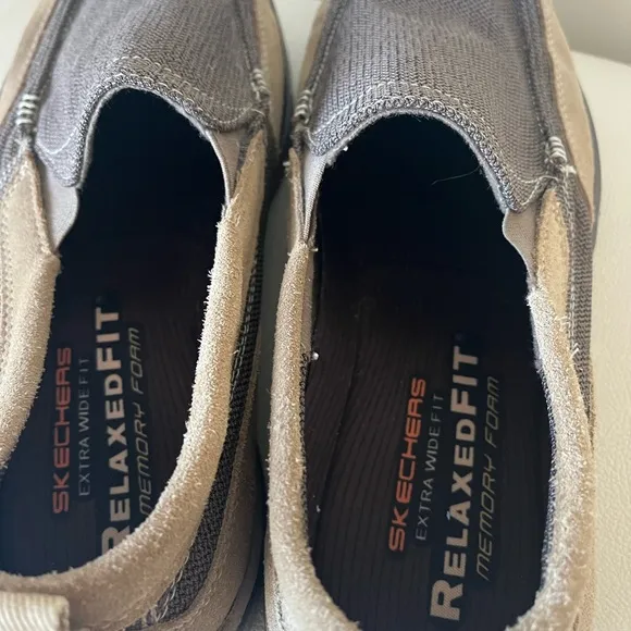 Skechers Extra Wide Memory Foam Milford Slip On Loafers Canvas Brown Tan Men 12