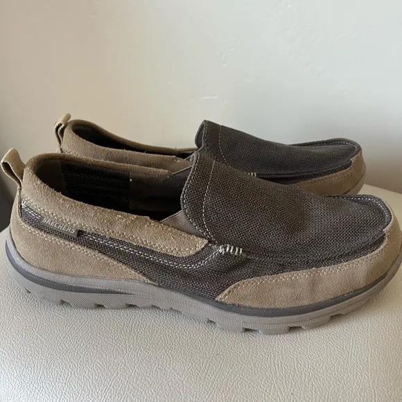 Skechers Extra Wide Memory Foam Milford Slip On Loafers Canvas Brown Tan Men 12