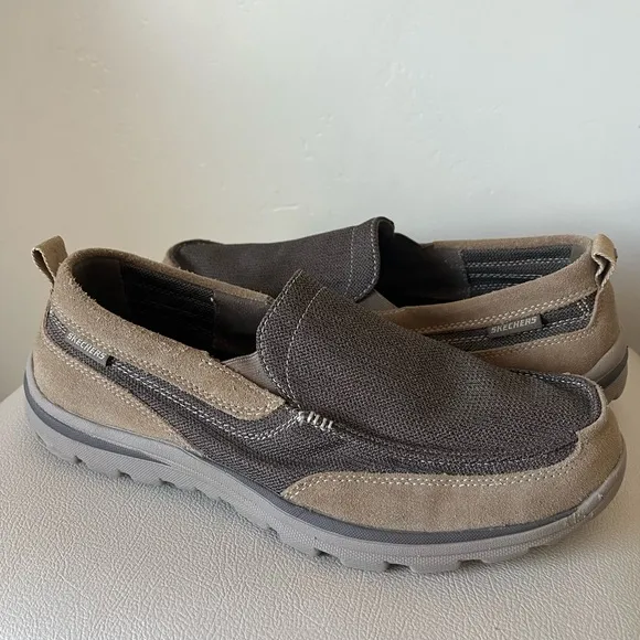 Skechers Extra Wide Memory Foam Milford Slip On Loafers Canvas Brown Tan Men 12