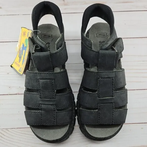 Skechers‎ Youth Size 1 Black Chunky Leather Sandals Platform Y2K 90s Grunge