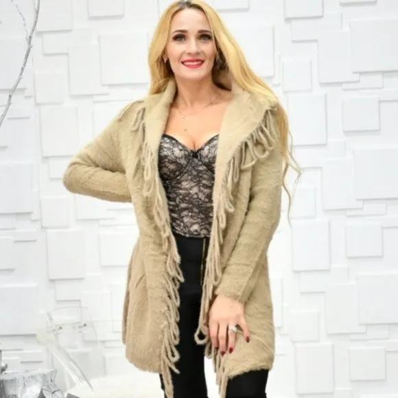 SO SOFT Fuzzy open front fringe details sweater knit Cardigan tan