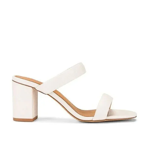 Soludos Ines Sandals Women US 7 White Leather 2-Strap Slip On Block Heels KHD926