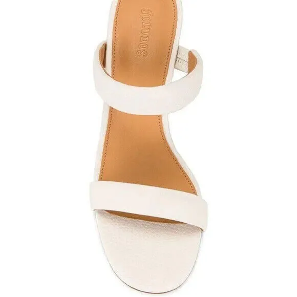 Soludos Ines Sandals Women US 7 White Leather 2-Strap Slip On Block Heels KHD926