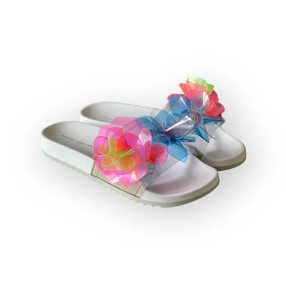 Sophia Webster ✽ Jumbo Lilico Neon 3D Flowers Pool Slide Sandals ✽ White ✽ 8M ✽