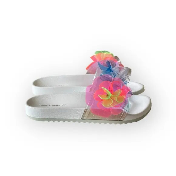 Sophia Webster ✽ Jumbo Lilico Neon 3D Flowers Pool Slide Sandals ✽ White ✽ 8M ✽