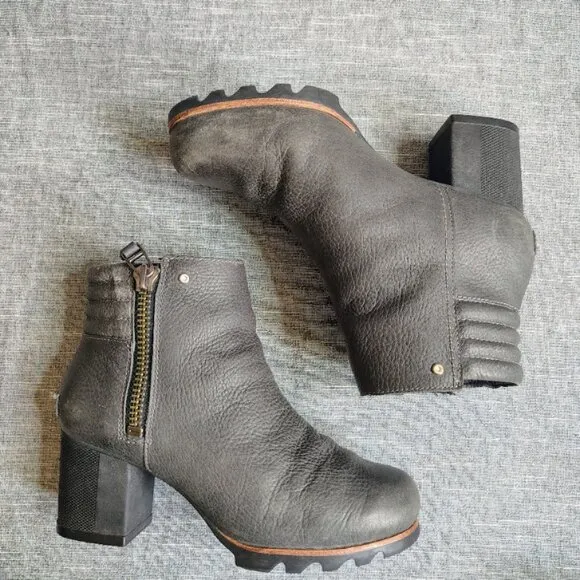 Sorel Danica Short Womens Gray Leather Block Heel Chunky Side Zip Boots