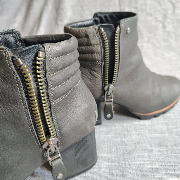 Sorel Danica Short Womens Gray Leather Block Heel Chunky Side Zip Boots