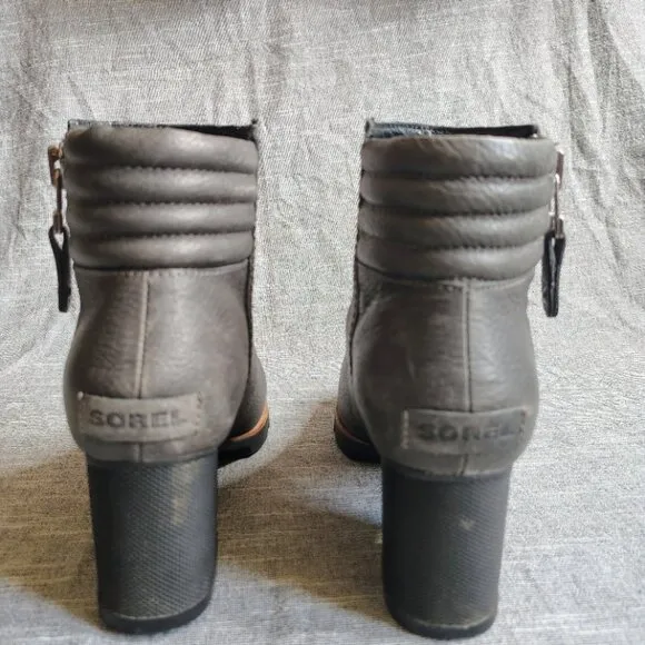 Sorel Danica Short Womens Gray Leather Block Heel Chunky Side Zip Boots
