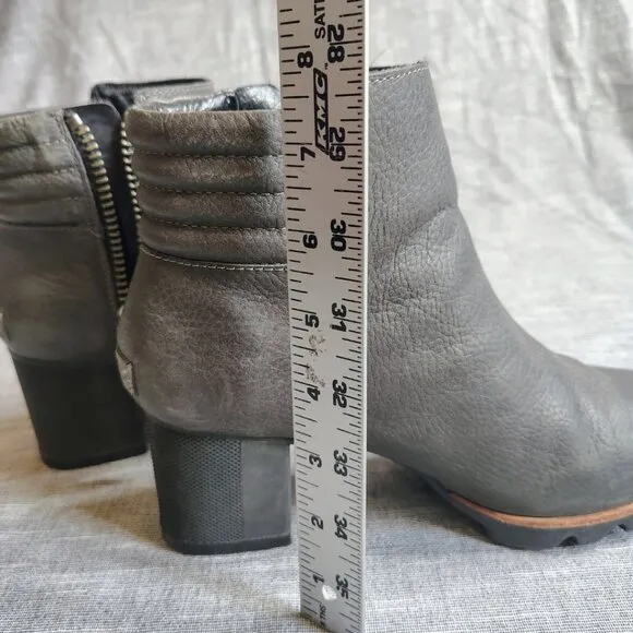 Sorel Danica Short Womens Gray Leather Block Heel Chunky Side Zip Boots