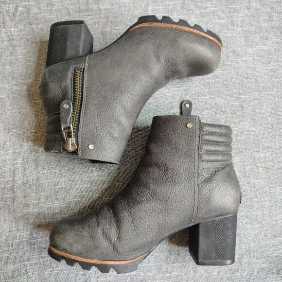 Sorel Danica Short Womens Gray Leather Block Heel Chunky Side Zip Boots