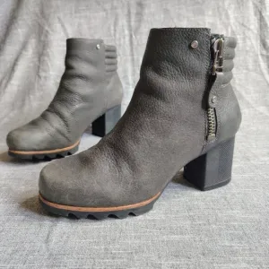 Sorel Danica Short Womens Gray Leather Block Heel Chunky Side Zip Boots