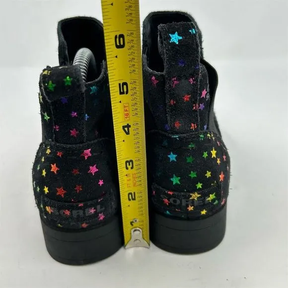 Sorel Emelie Black Leather Chelsea Boots Girls Size 5 Multicolor Rainbow Stars