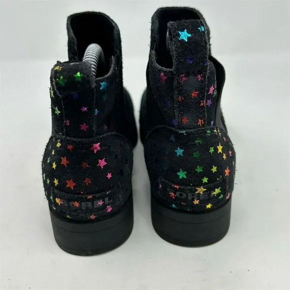 Sorel Emelie Black Leather Chelsea Boots Girls Size 5 Multicolor Rainbow Stars