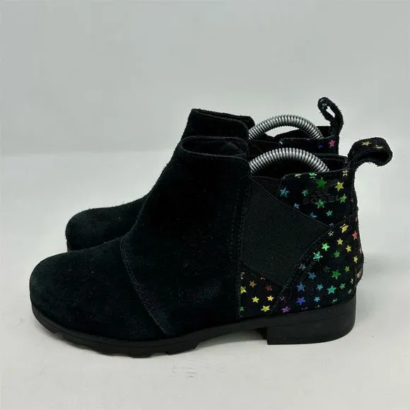 Sorel Emelie Black Leather Chelsea Boots Girls Size 5 Multicolor Rainbow Stars