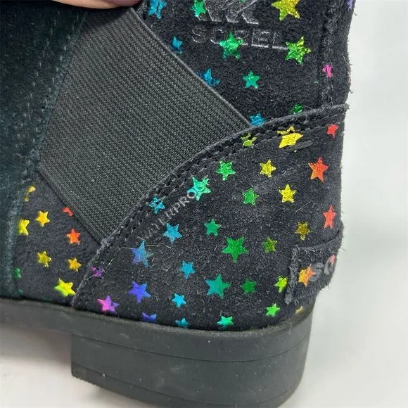 Sorel Emelie Black Leather Chelsea Boots Girls Size 5 Multicolor Rainbow Stars