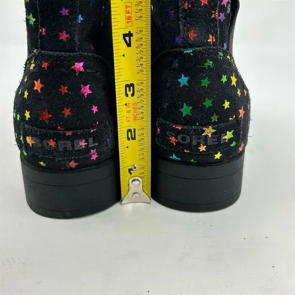 Sorel Emelie Black Leather Chelsea Boots Girls Size 5 Multicolor Rainbow Stars
