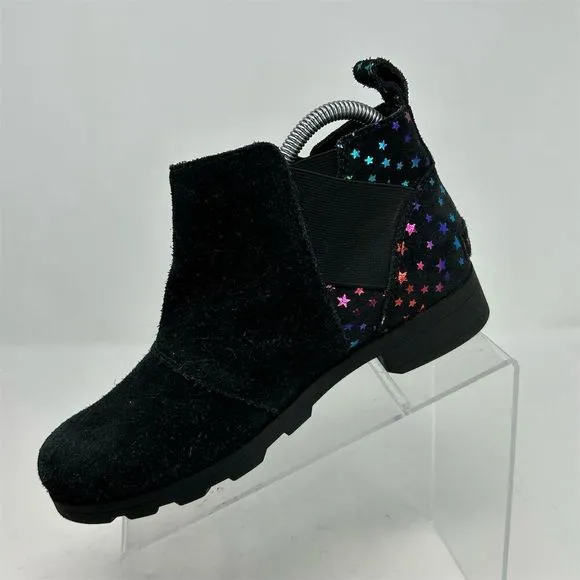 Sorel Emelie Black Leather Chelsea Boots Girls Size 5 Multicolor Rainbow Stars
