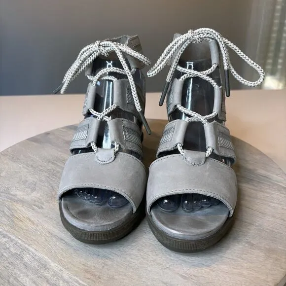 Sorel‎ Joanie II Ghillie Women's Ash Laces Gladiator Chunky Wedge Sandals Size 8
