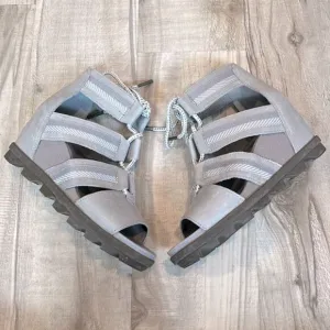 Sorel Joanie II lace up platform wedge gladiator sandals gray leather size 7