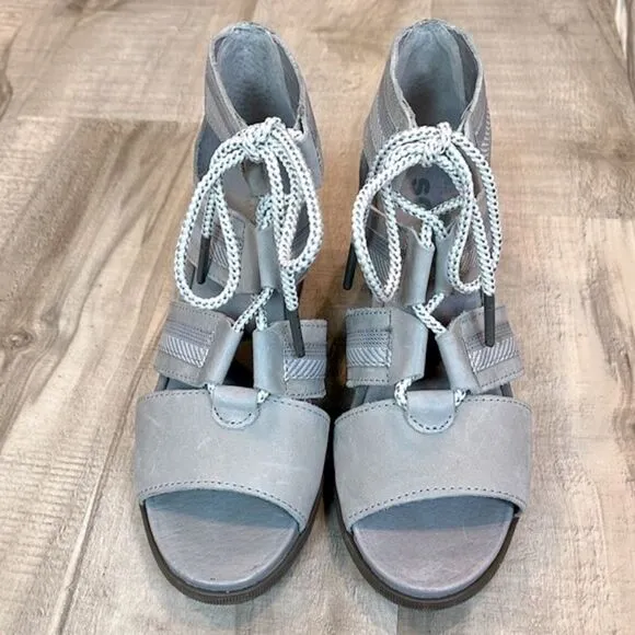 Sorel Joanie II lace up platform wedge gladiator sandals gray leather size 7