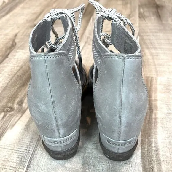 Sorel Joanie II lace up platform wedge gladiator sandals gray leather size 7