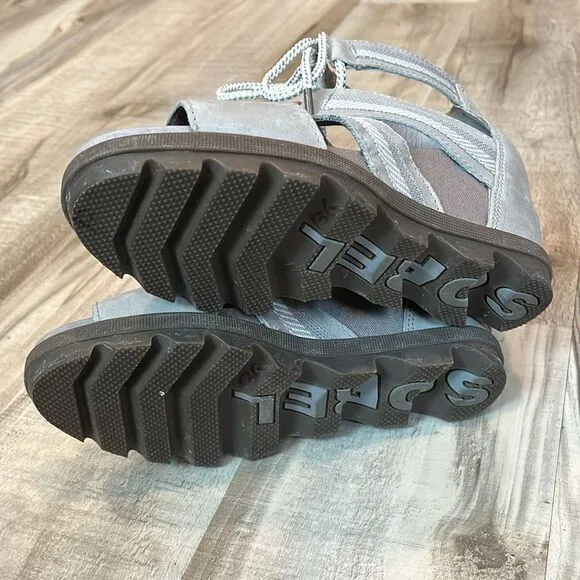 Sorel Joanie II lace up platform wedge gladiator sandals gray leather size 7
